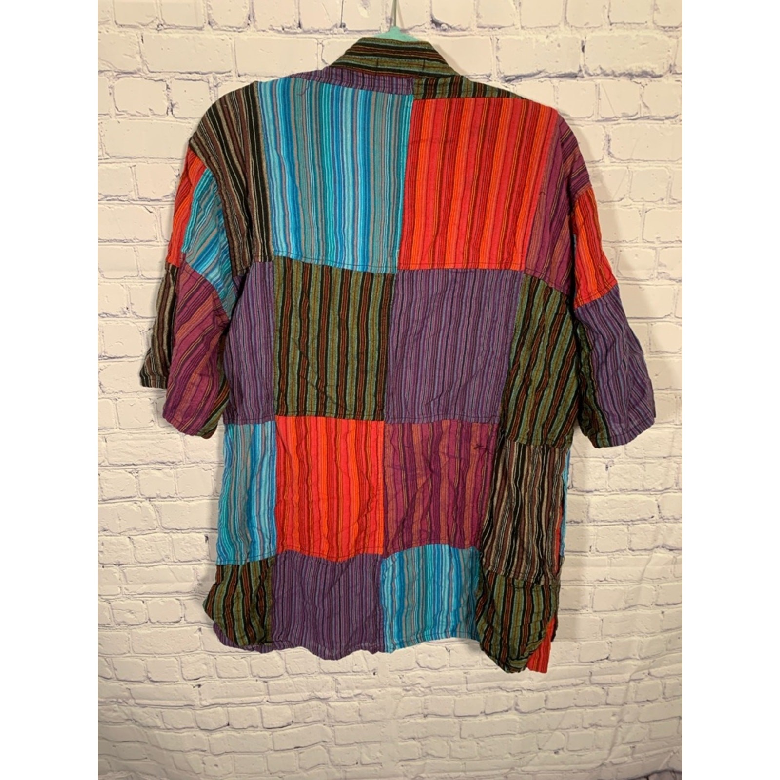 Mens Patchwork Short Sleeve Shirt Lace Up Front Multi XXL Festival Boho Hippie gallery