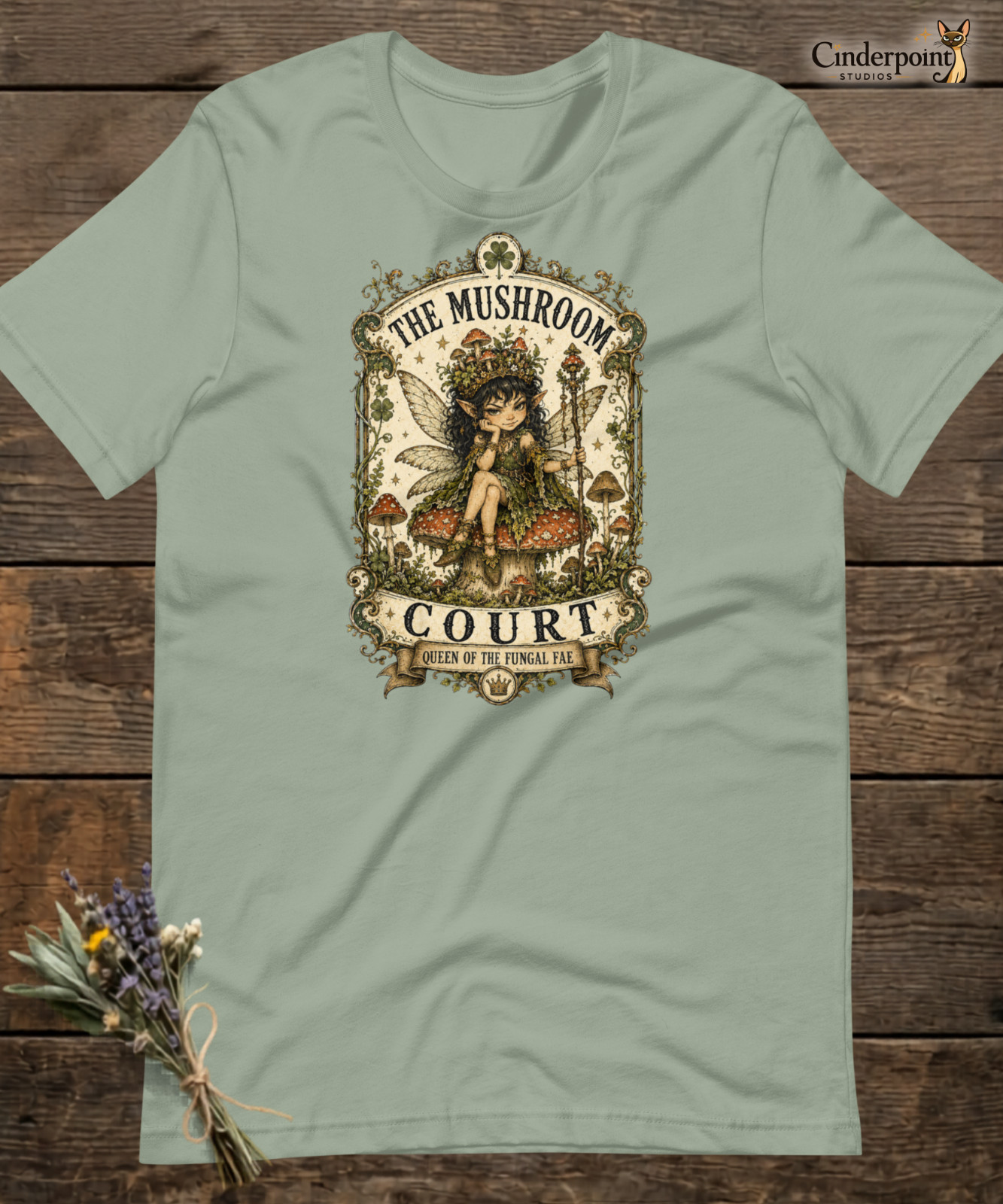 The Mushroom Court Fairy Queen Mab T-Shirt Goblincore Fantasy Fae Tee Sage XS-2X gallery