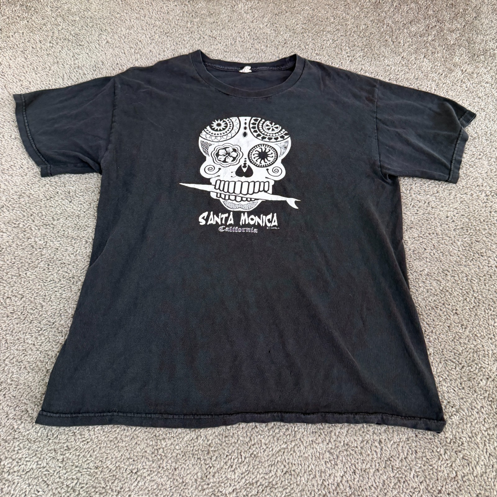 VINTAGE Santa Monica California Shirt Mens Large Black Sugar Skull Short Sleeve gallery