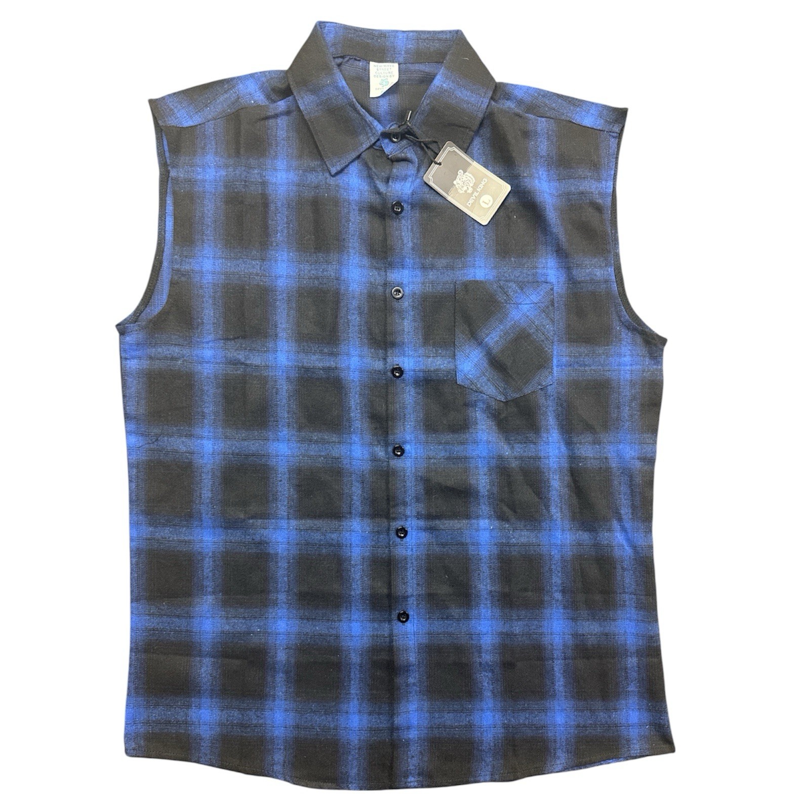 Devil King Sleeveless Flannel Shirt L NWT Plaid Biker Cutoff Vest Blue gallery