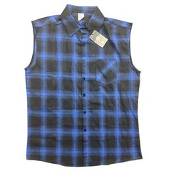 Devil King Sleeveless Flannel Shirt L NWT Plaid Biker Cutoff Vest Blue