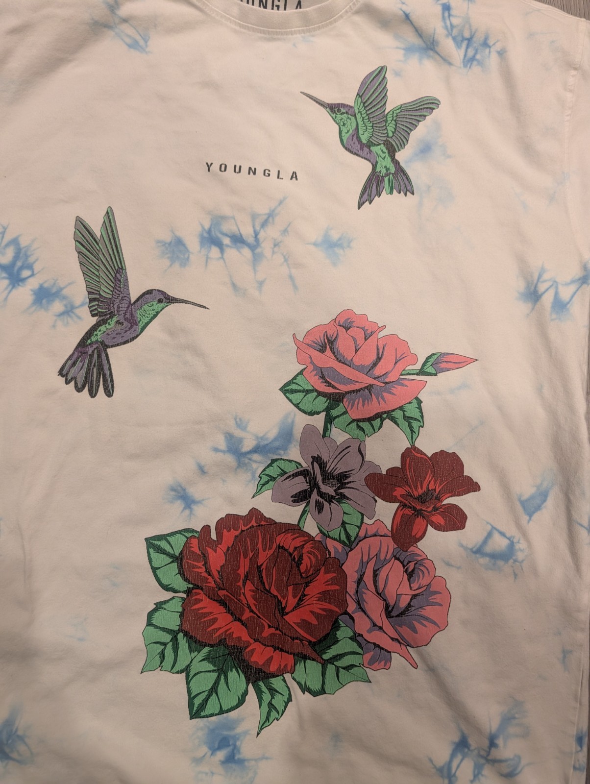 YoungLA Shirt Mens Small White Blue Tie Dye Hummingbird Floral Graphic Tee Top gallery