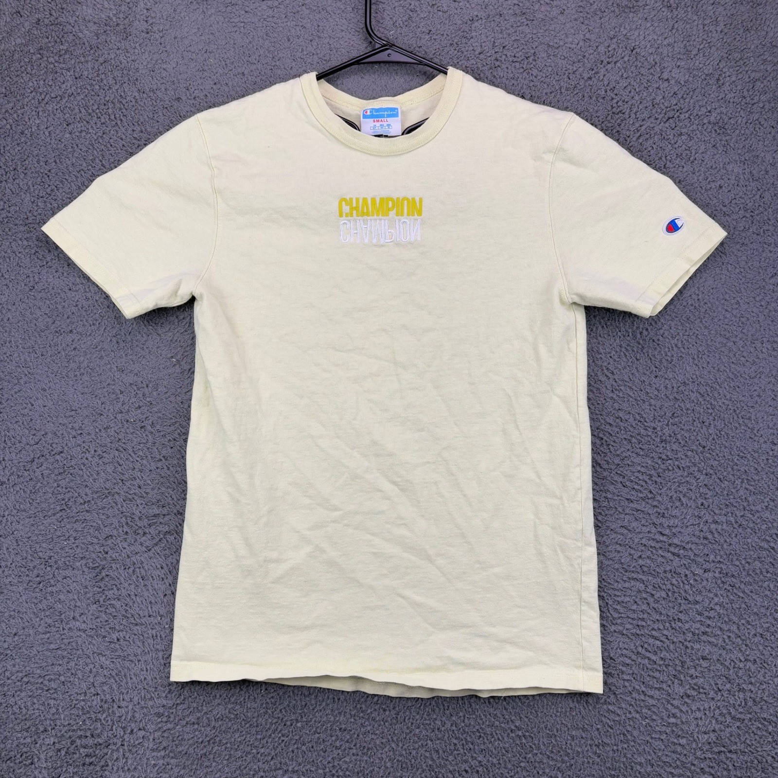 Champion Mens Small T-Shirt Pale Yellow Embroidered Mirror Logo GT19 Cotton