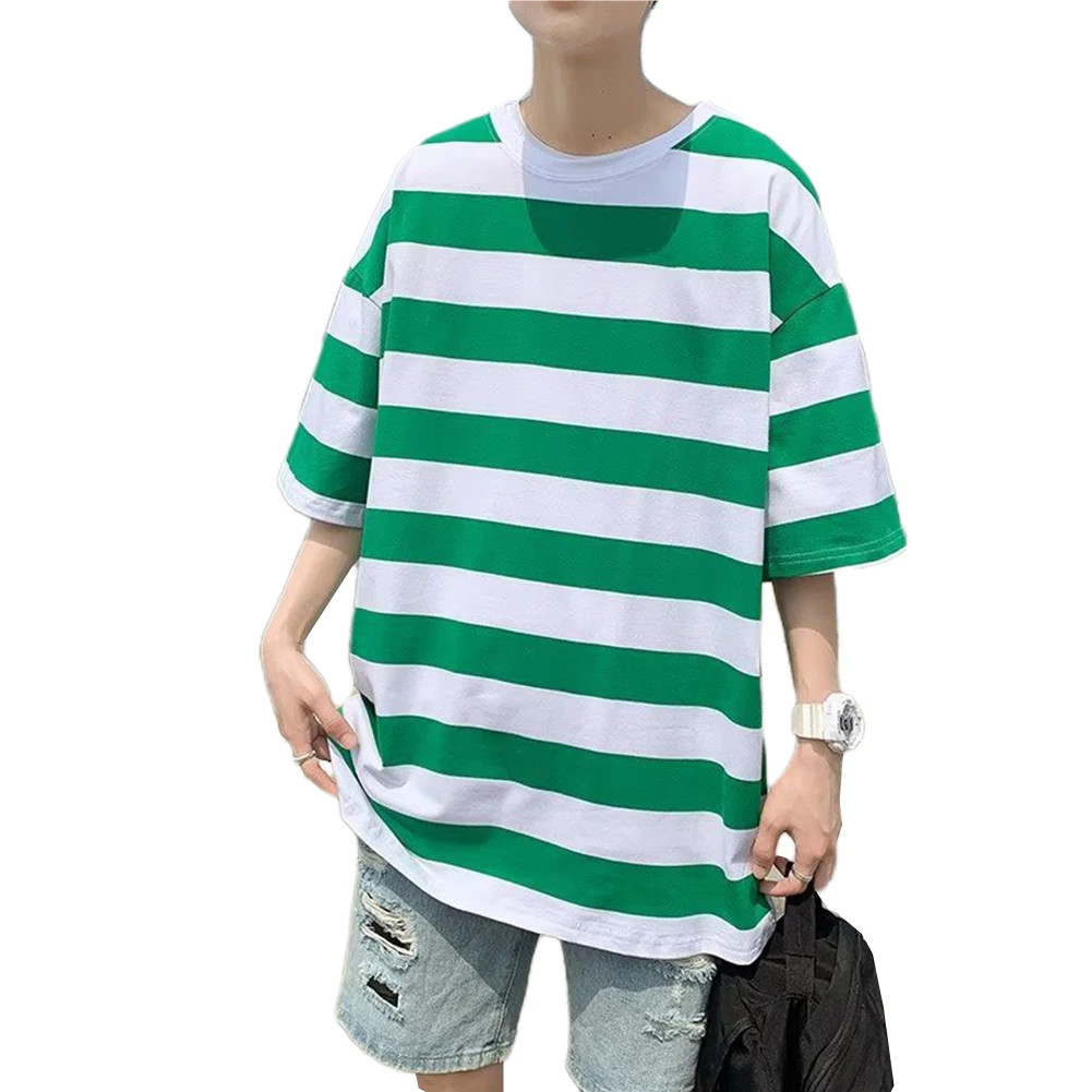 Men O Neck Short Sleeve Wide Striped T-Shirts Casual Loose Fit Blouse Tops Tee gallery