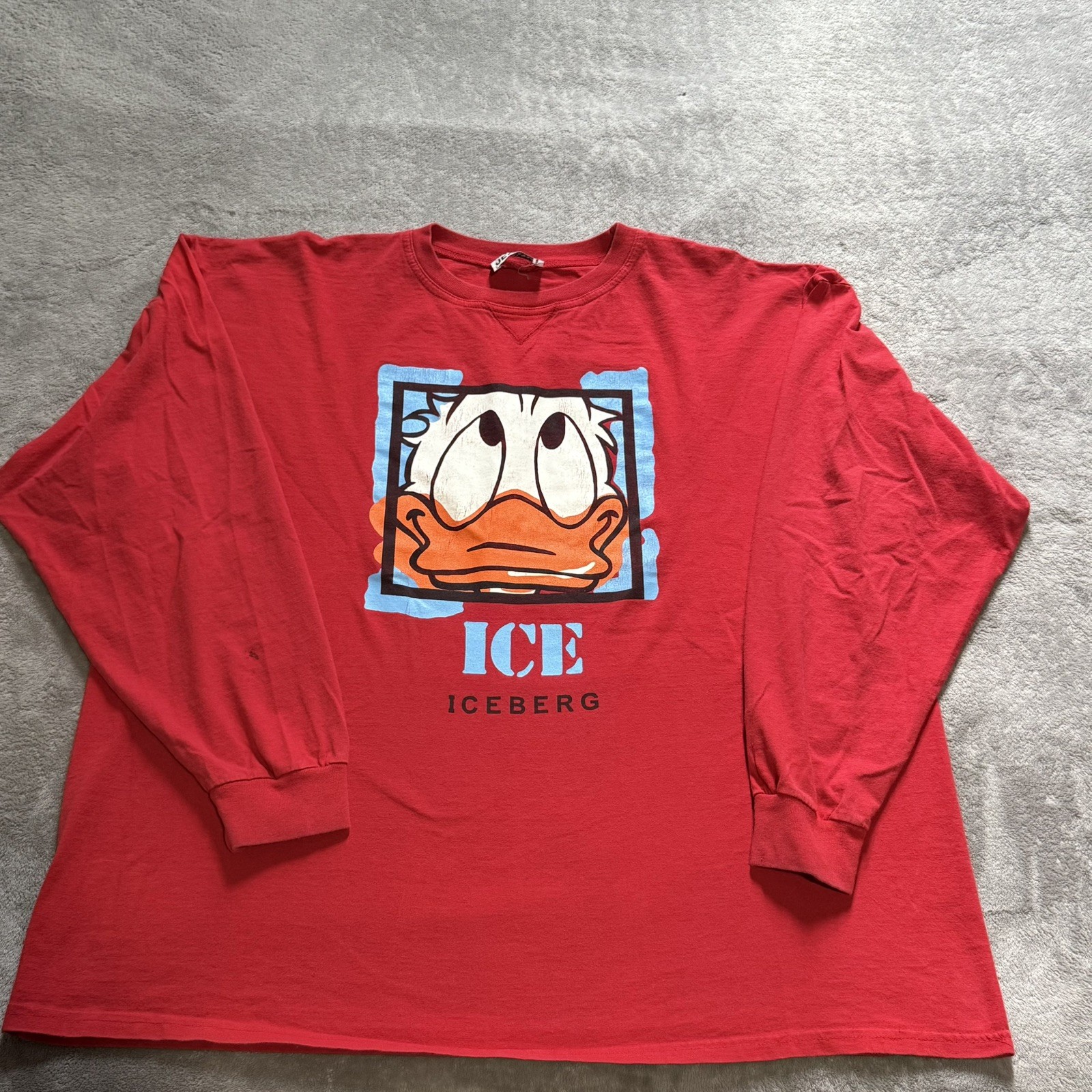 Vintage Iceberg Jeans Red Long Sleeve T Shirt Double Sided Donald Duck Rap RARE gallery