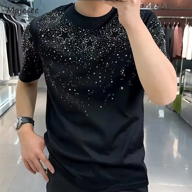 New Men Luxury Diamond Star Rhinestones Fashion Black White T-Shirt High Quality gallery