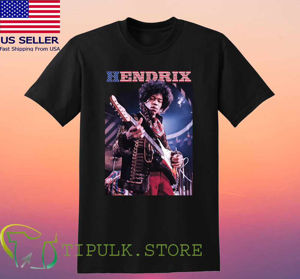 Jimi Hendrix American Flag Guitar Men’s Black T-shirt Size S-5XL