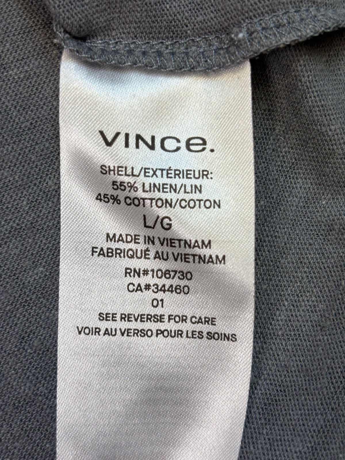 $150 NWOT VINCE Crew Neck T-Shirt LINEN COTTON Blend Men's L LARGE Gray SS gallery