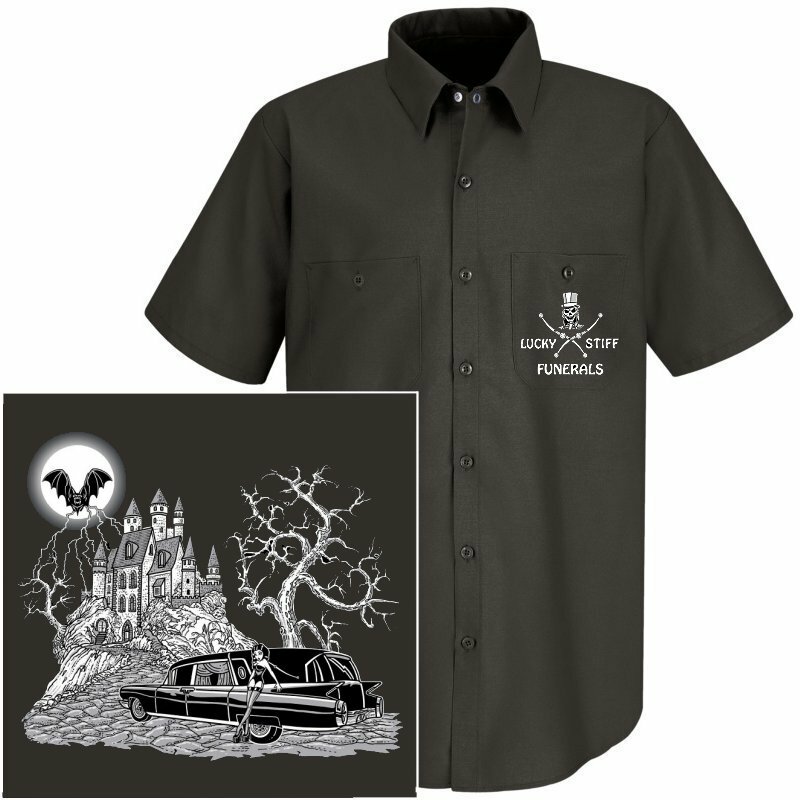 LUCKY STIFF FUNERAL VAMPIRE CASTLE GOTHIC GIRL HEARSE SKULL UNDERTAKER WORKSHIRT