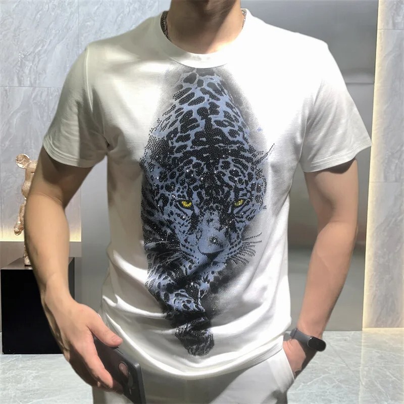 New Men Luxury Leopard Rhinestones Fashion Black White T-Shirt High Quality gallery