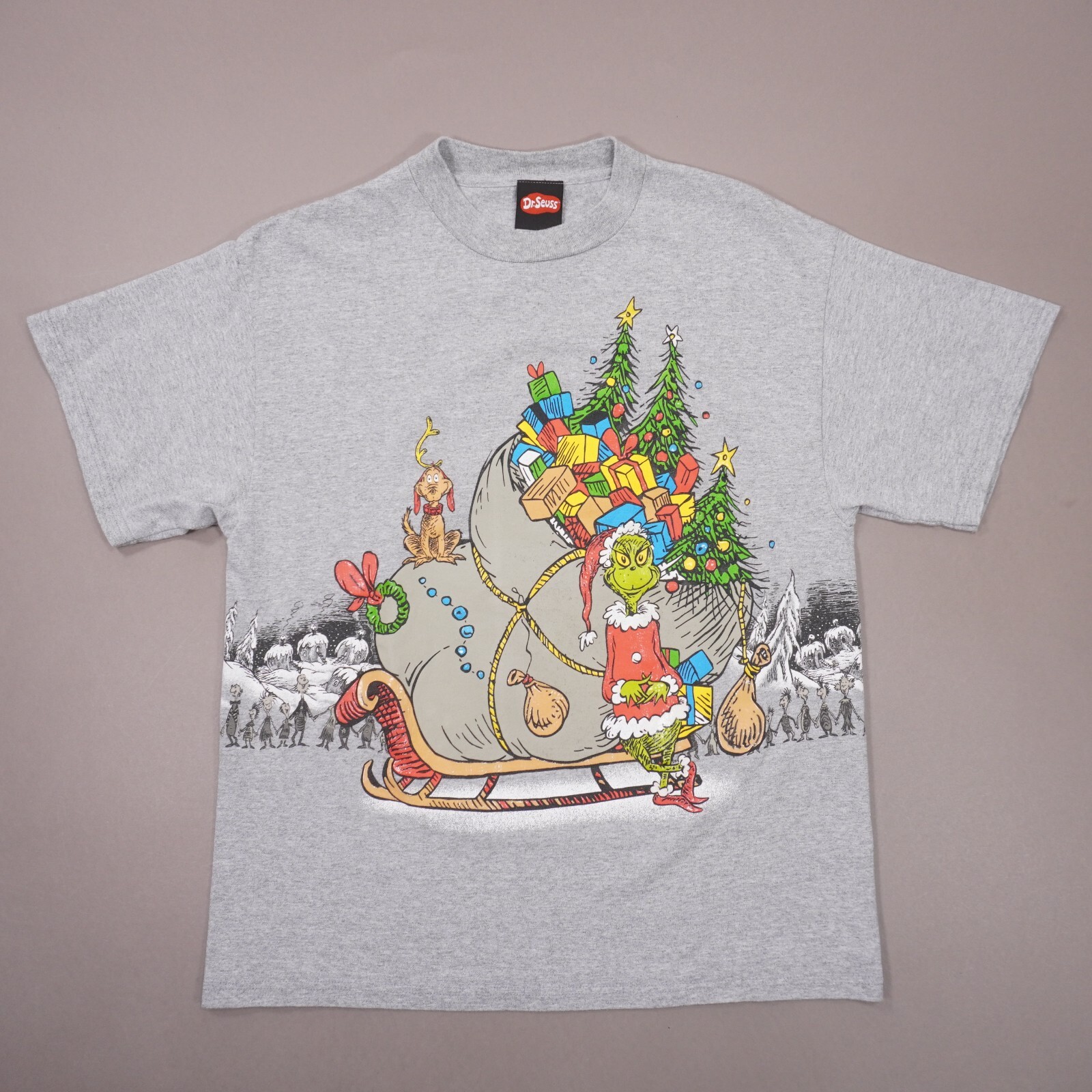 Vintage Grinch Whoville Christmas Dr Seuss AOP T Shirt Mens Large Gray Delta EUC