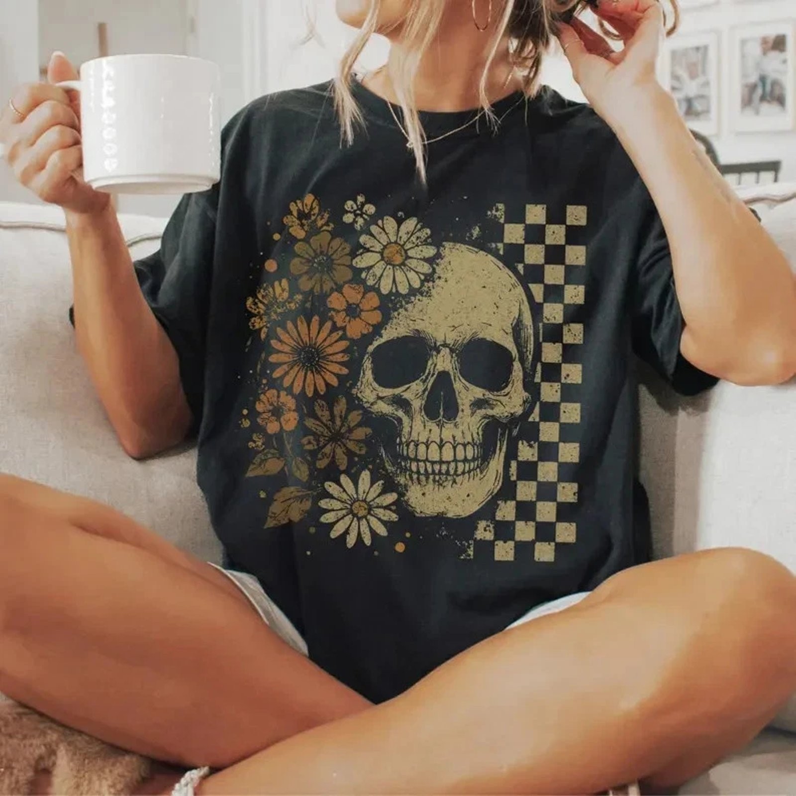 Boho Skull Graphic Tee, Vintage Grunge Tee gallery