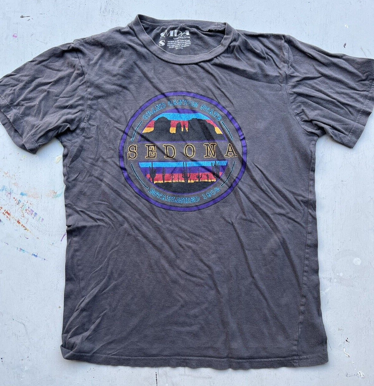Men's SMDA T-Shirt Gray Sedona AZ Spell-Out S Cotton Hippie Stones Crystals USA gallery