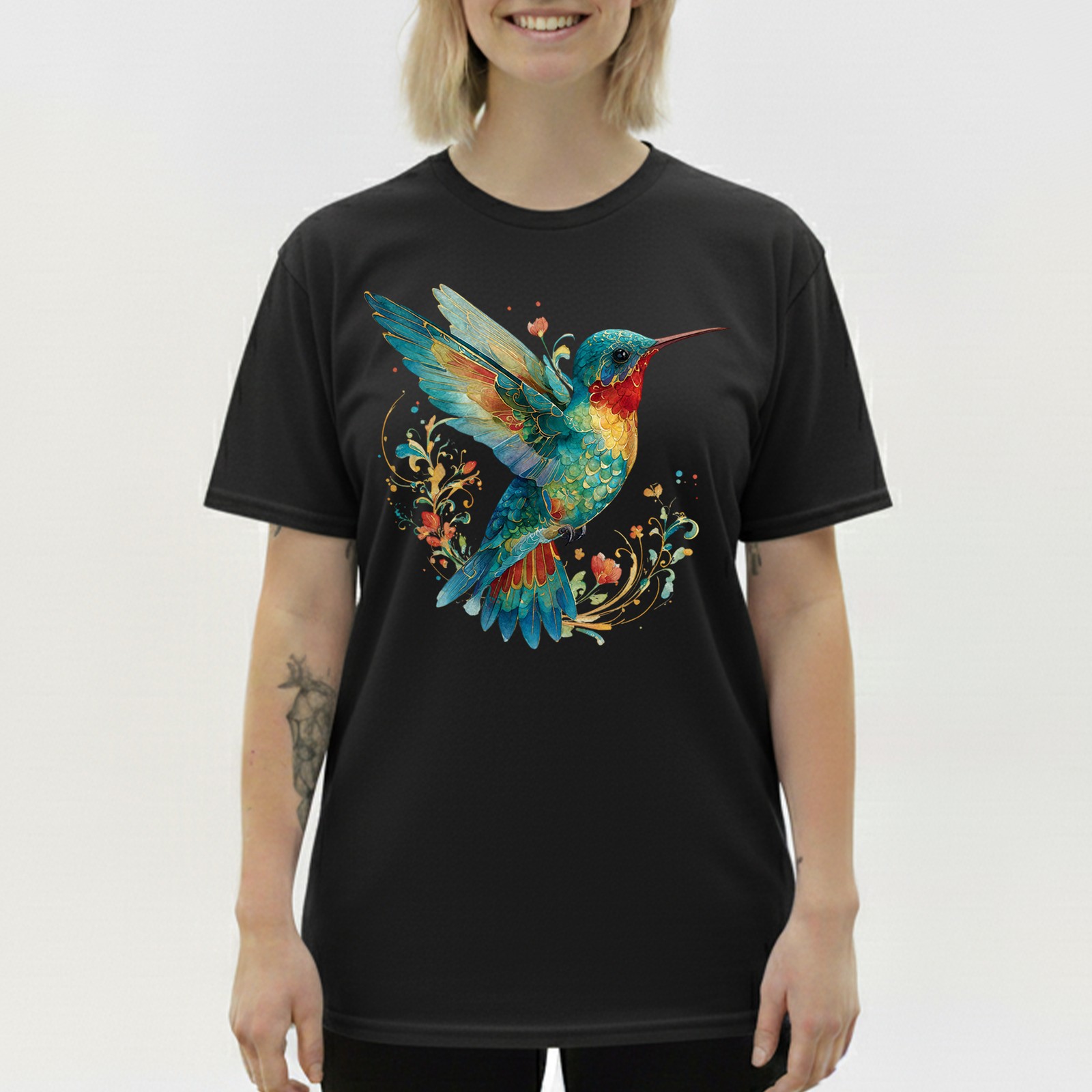 Hummingbird Floral Art Nature Retro Gift Men Women T-Shirt Tee gallery
