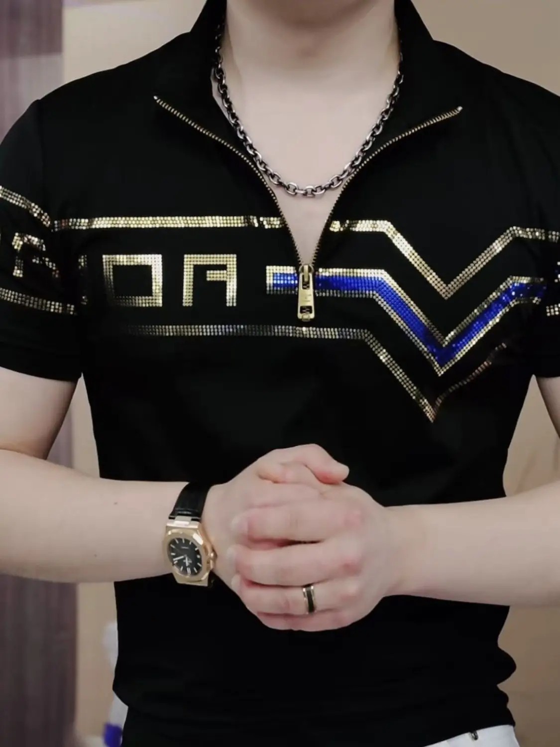 New Men Luxury Diamond Rhinestones Fashion Black Polo T-Shirt High Quality gallery