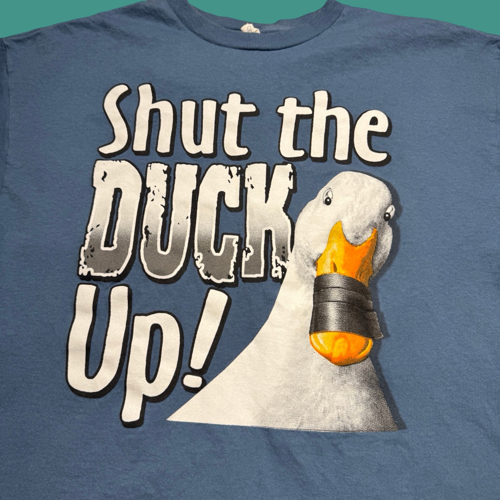 Shut The Duck Up T Shirt Large Blue White Duct Tape Novelty Graphic Y2K Humor gallery