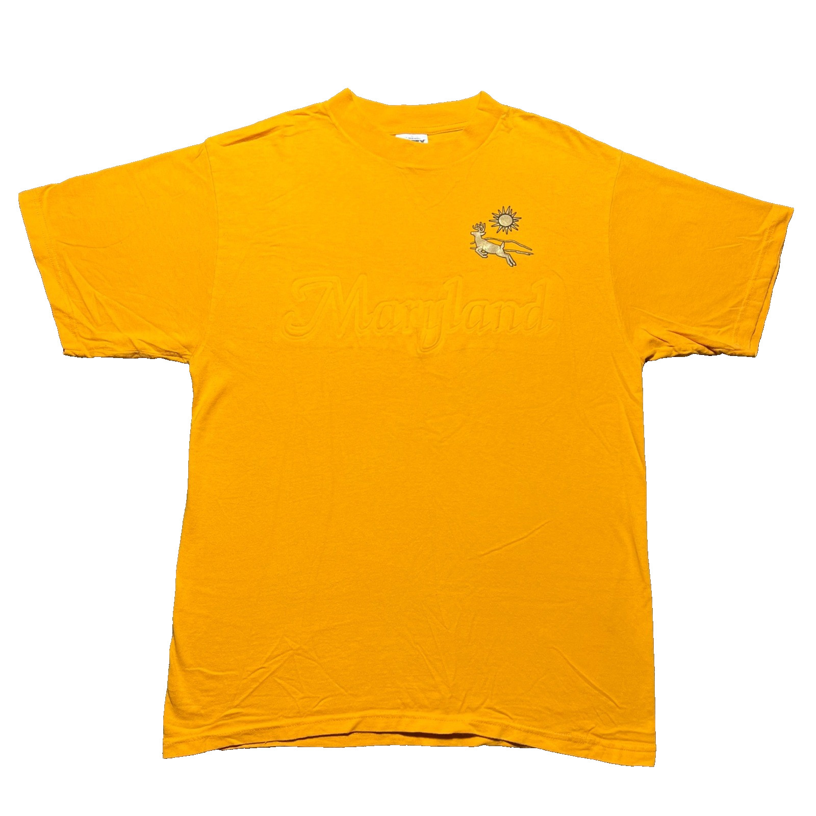 Vintage 90s Maryland Puff Print T Shirt Mens Large Yellow Deer Animal Tultex Tee