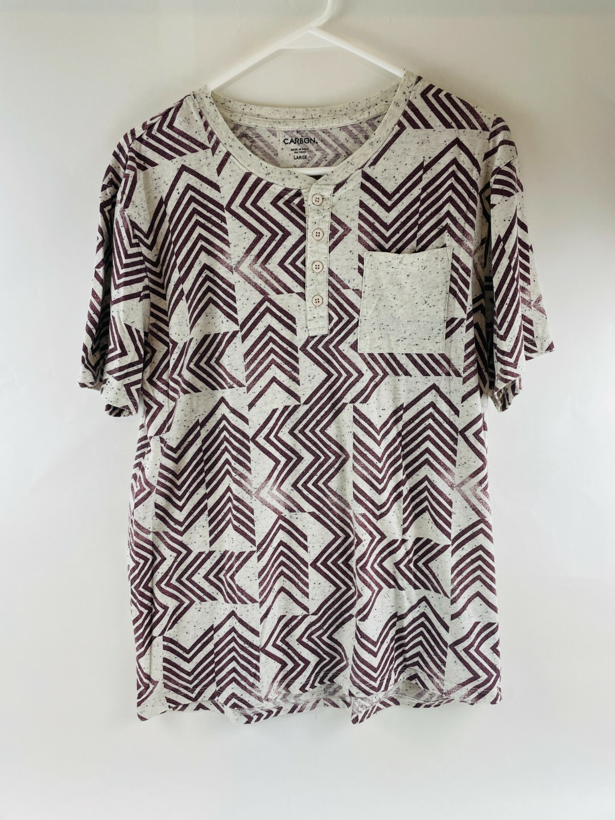 Carbon T-Shirt Men’s L Gray White Maroon Herringbone Henley Crewneck Short Slv