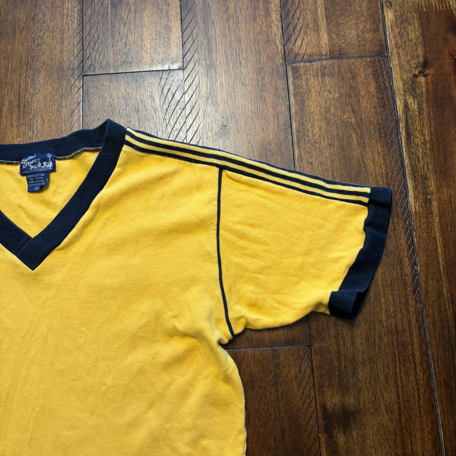 Sutton Place Shirt Mens Small Yellow Ringer Retro V Neck Stripe Trim Tee 70s gallery