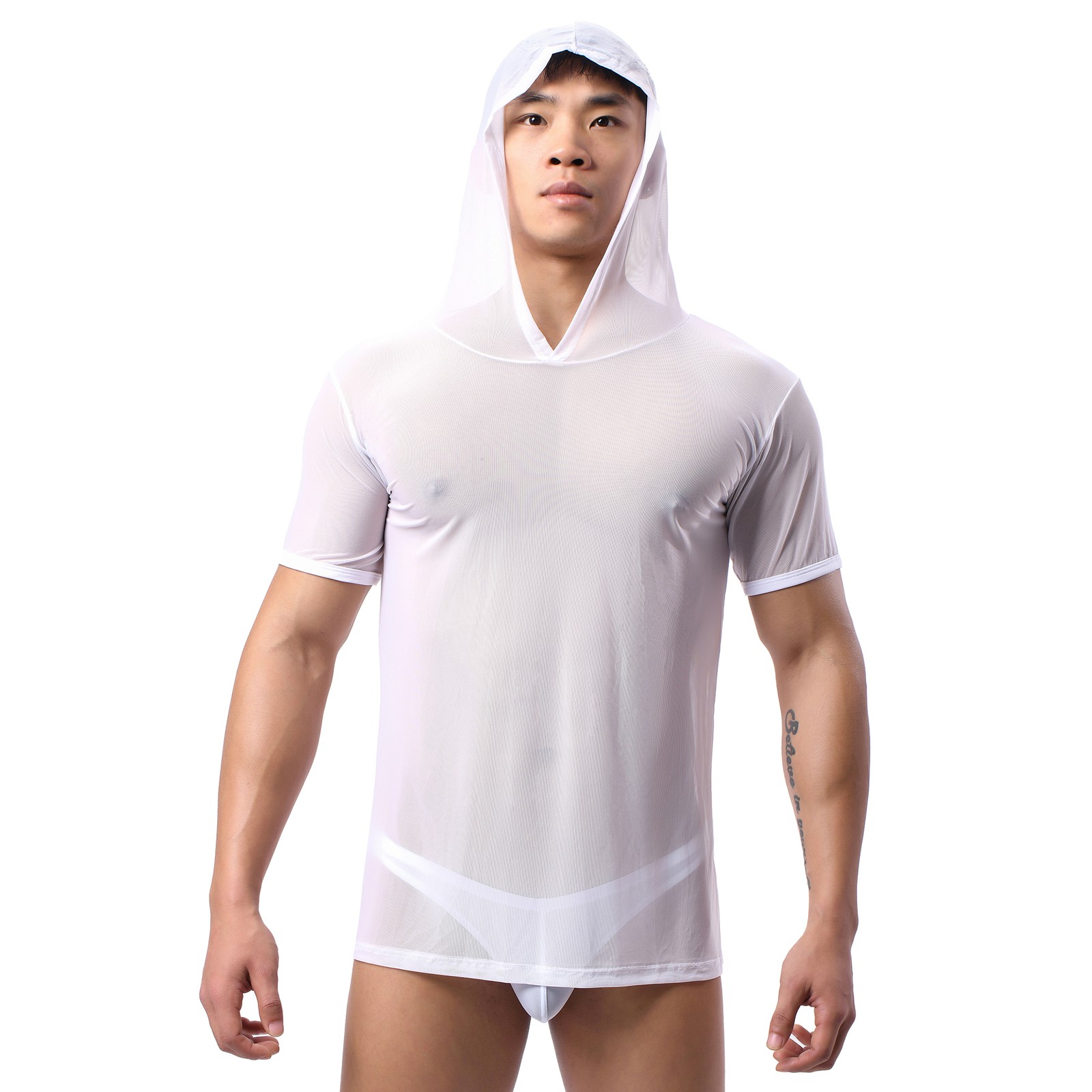 Mens See-through Mesh Hooded T-Shirts Short Sleeve Loose Fit Breathable Gym Tops gallery