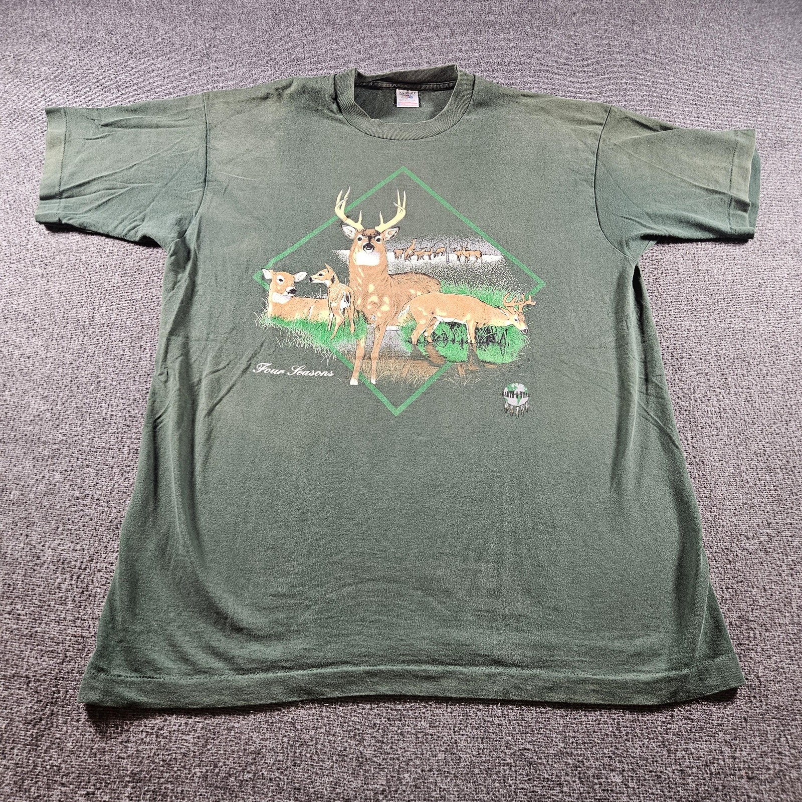 Vintage Fruit Of The Loom Four Seasons Deer Graphic T-Shirt Green Size L 90s USA gallery