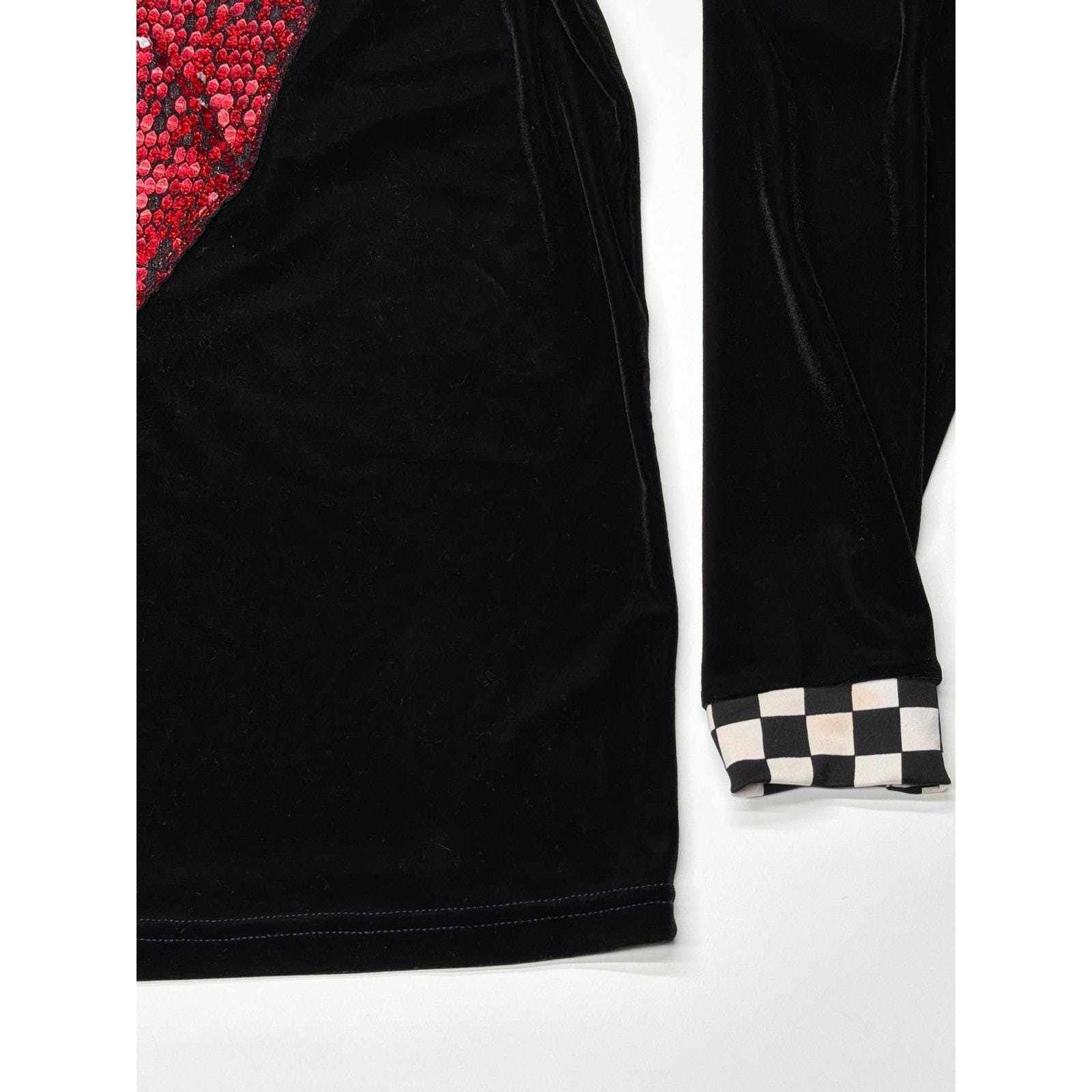 Mens Black Velvet Long Sleeve V Neck Shirt Red Sequin Heart Checkerboard Trim M gallery