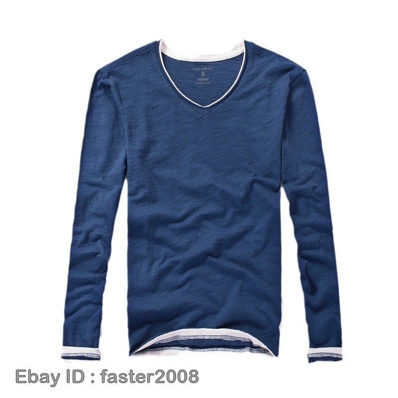 Hot Mens Long-Sleeved T-Shirts New Cotton V-Neck Solid Color Casual Slim Tops gallery