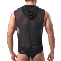 Mens Mesh Loose See-through Workout Vests Tank Tops Hooded Sleeveless T-Shirts