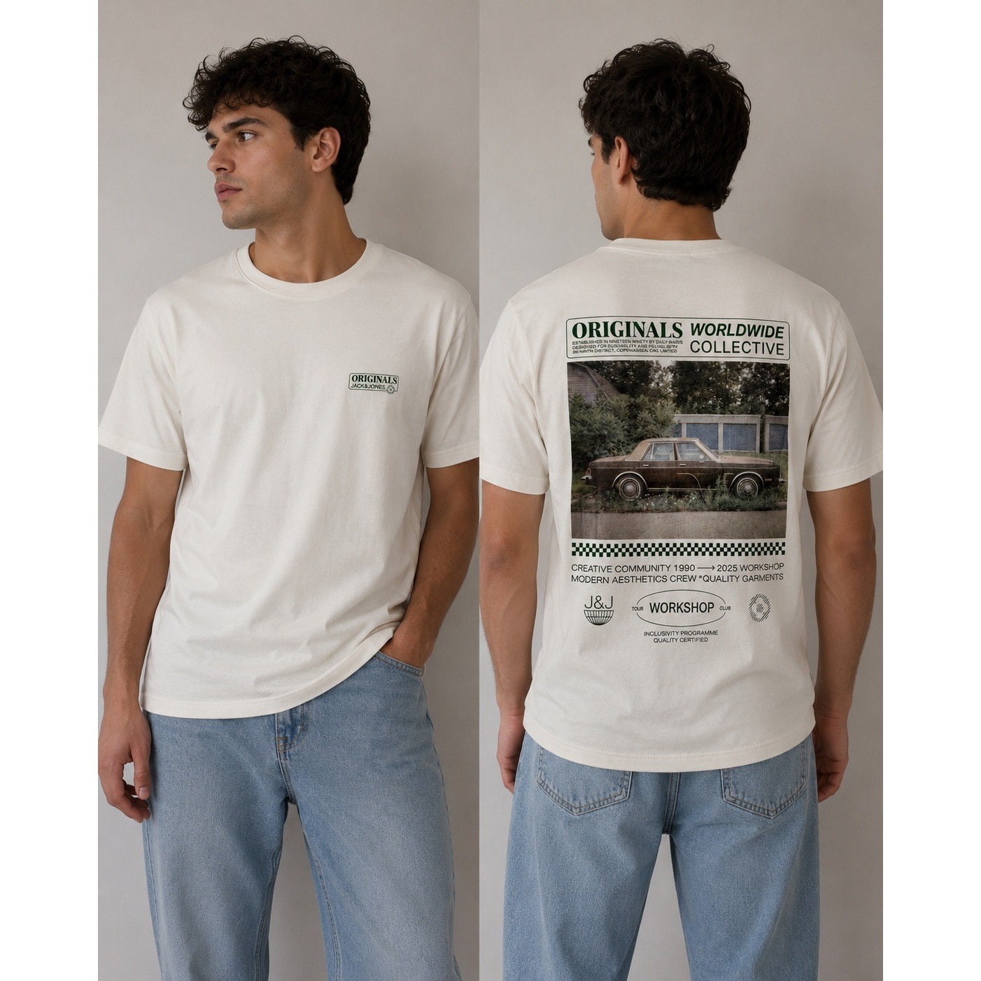 NWT Jack & Jones Mens JORURBAN EDGE Graphic Tee Medium Cream Streetwear Shirt