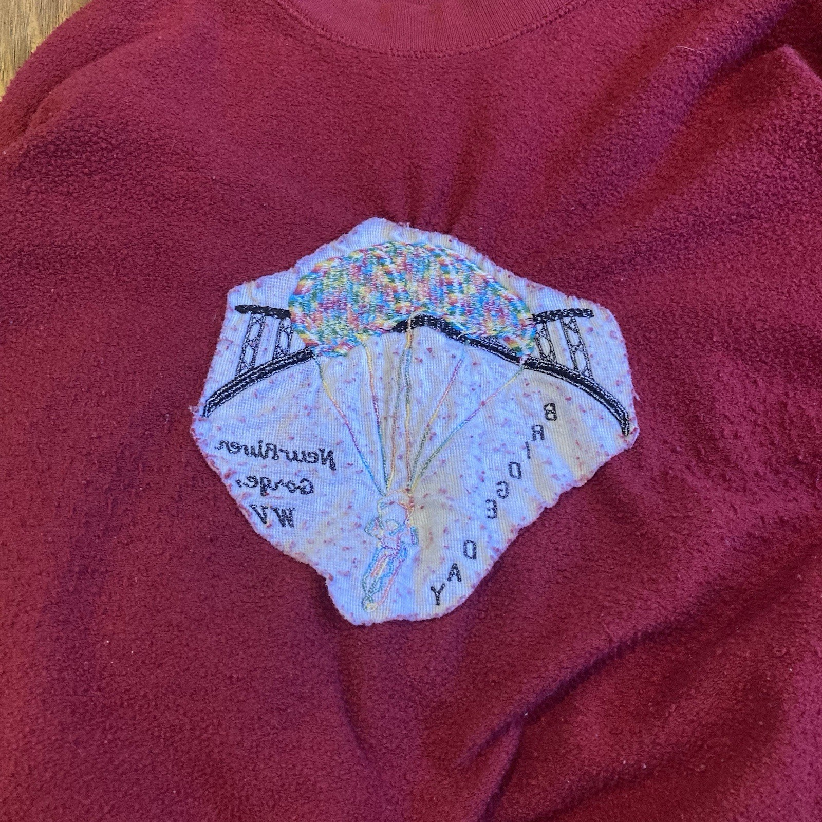Jerzee Vintage 90’s Red Embroidered Bridge Day Oversized Graphic Crew Neck, 2 XL gallery