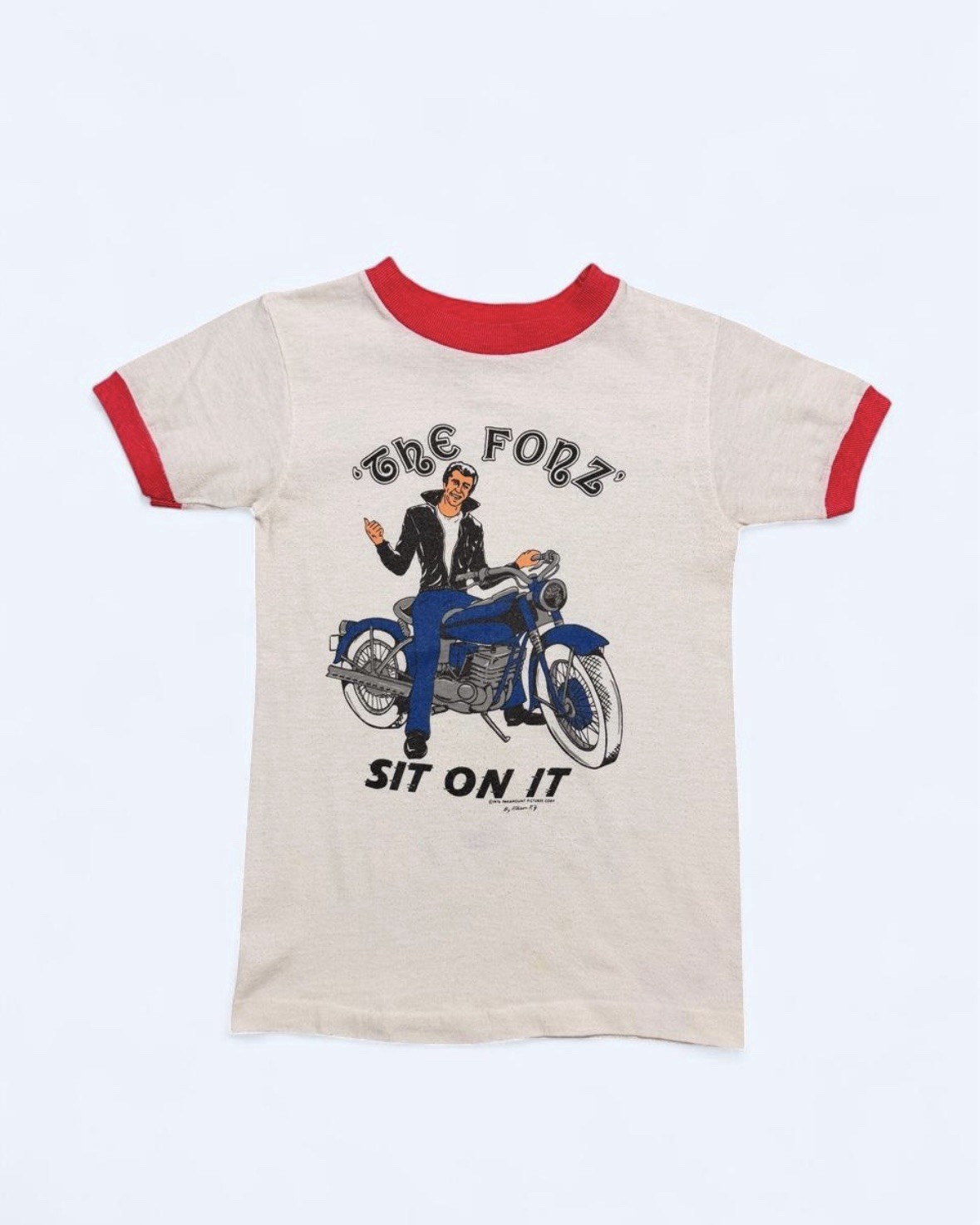 Vintage The Fonz Sit On It Ringer T-Shirt Happy Days 1976 (14×21) White Stains
