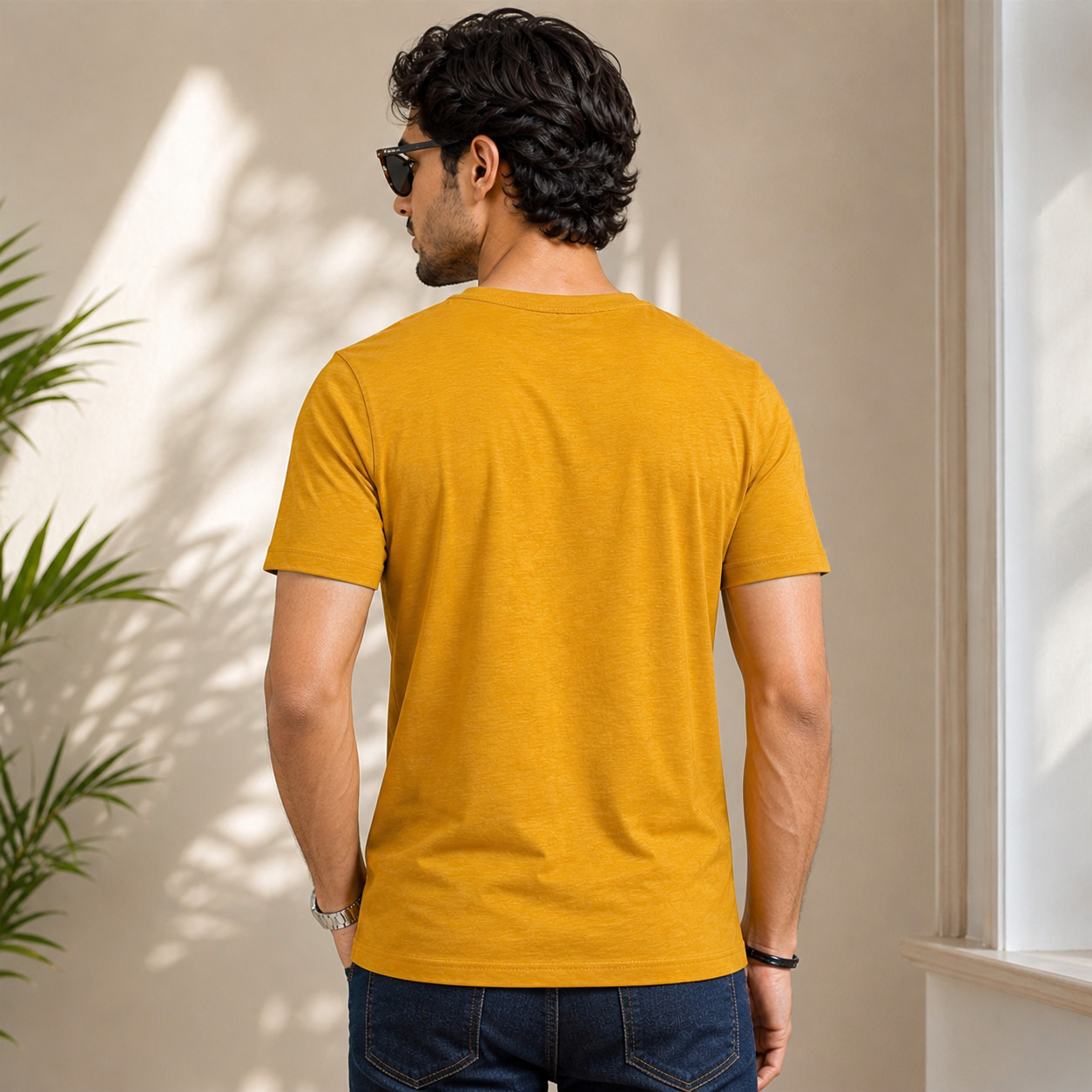 Mustard Yellow V-Neck T-Shirt Graphic Print Modern Everyday Wear- Size- L gallery