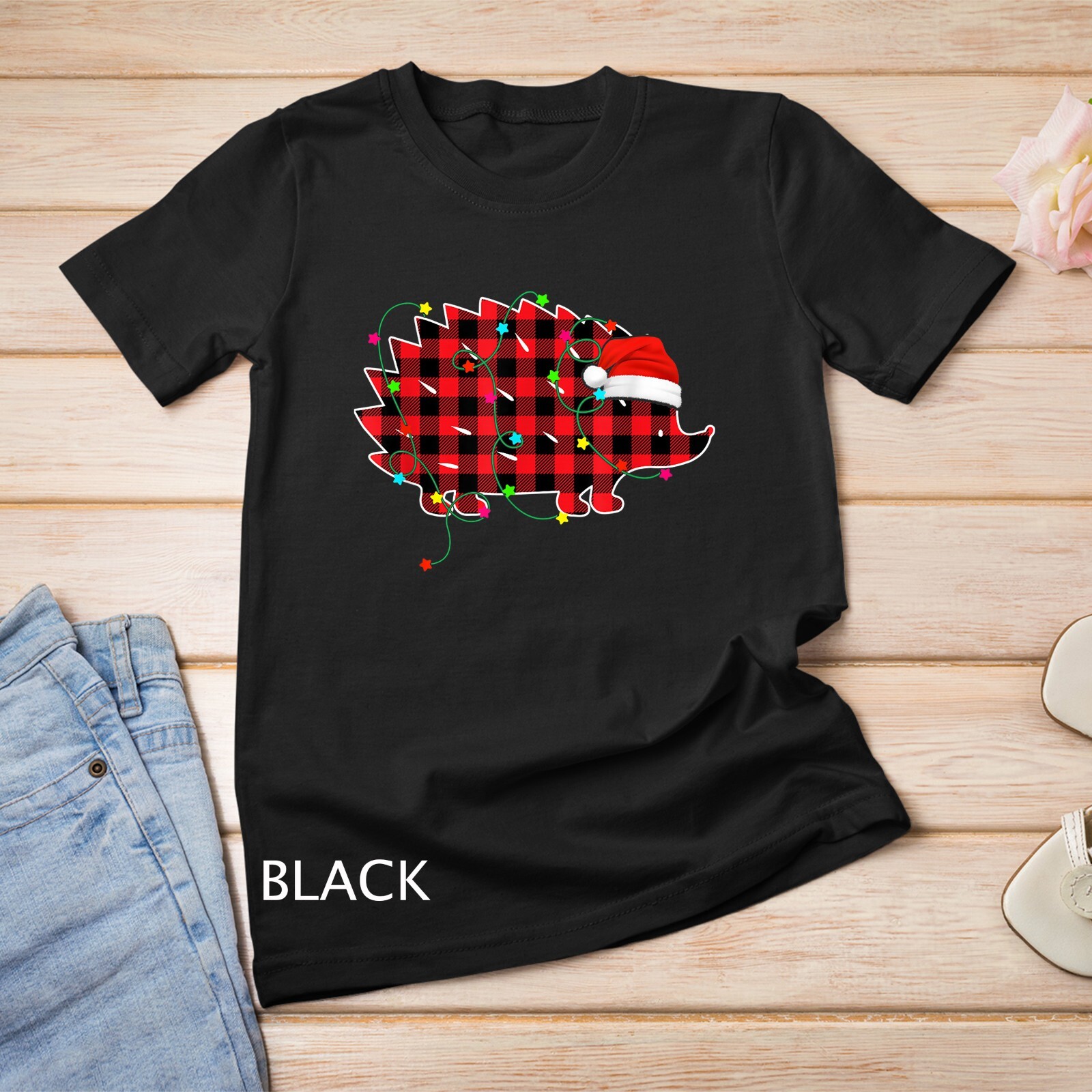 Funny Hedgehog Christmas Tree Red Plaid Xmas Animals Lover Unisex T-shirt gallery