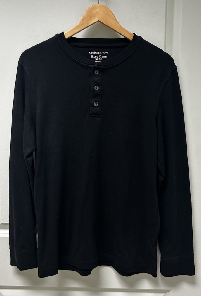 Croft & Barrow Men’s Black Henley Long Sleeve Shirt Easy Care Size Small T-5