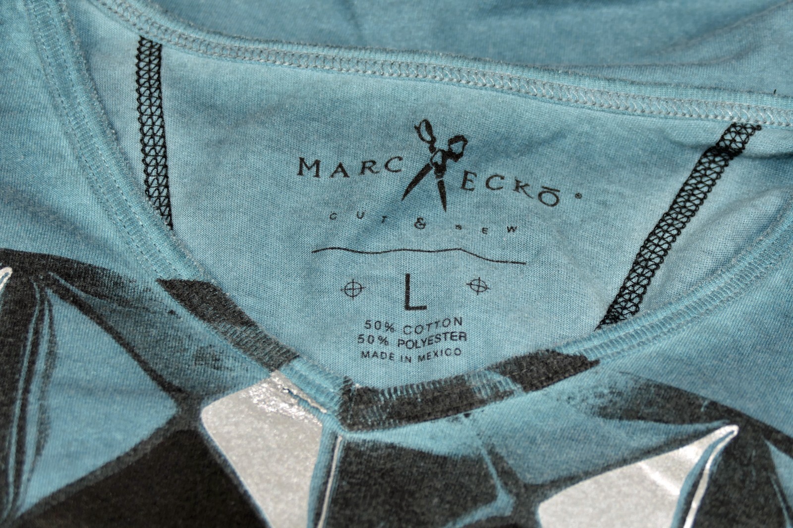 Size L - MARC ECKO V-NECK T-SHIRT TEAL w BLACK and SILVER GEOMETRIC DESIGN gallery