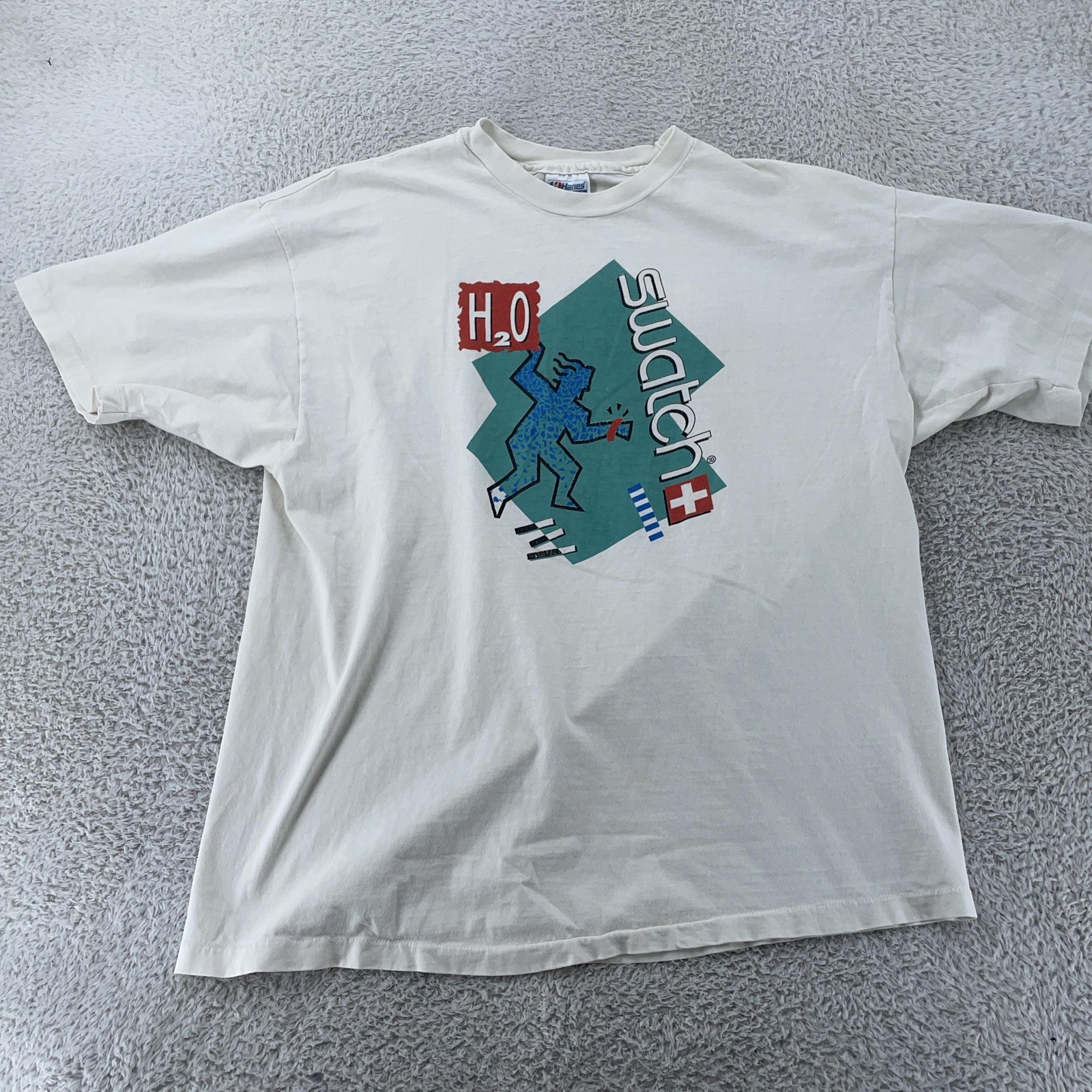 Vintage Swatch T-Shirt Large White H2O Dive In Diving Watch Promo Made USA 90s gallery