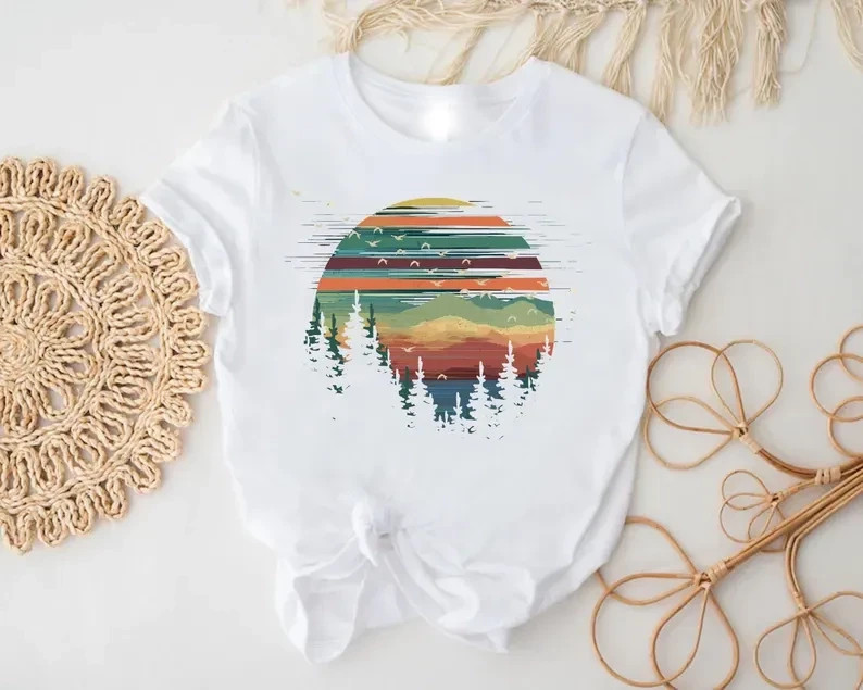 Retro Forest Sunset T-Shirt, Nature Lover Gift