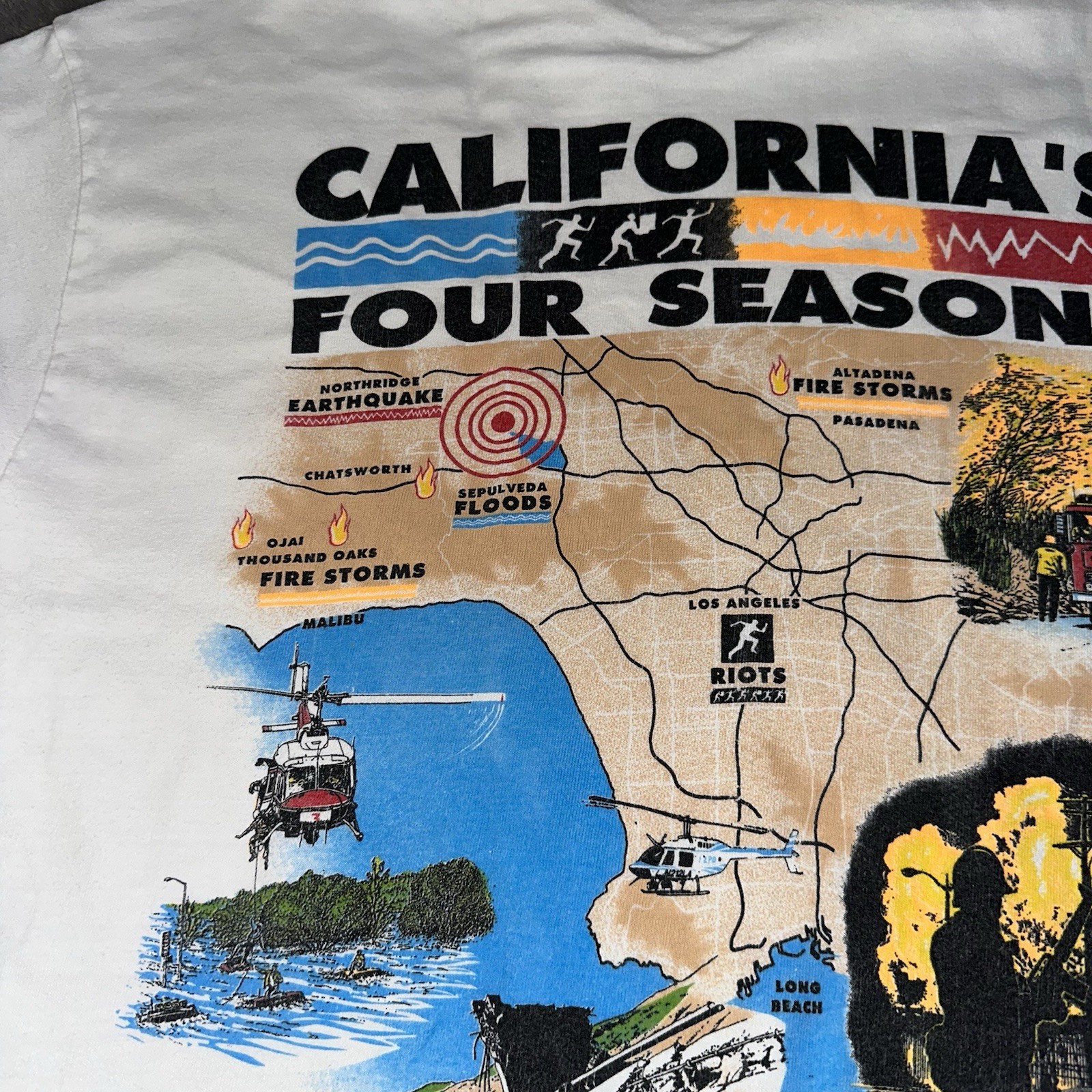 VTG 1994 California Four Seasons White Shirt Size L Single Stitch Floods Riots gallery