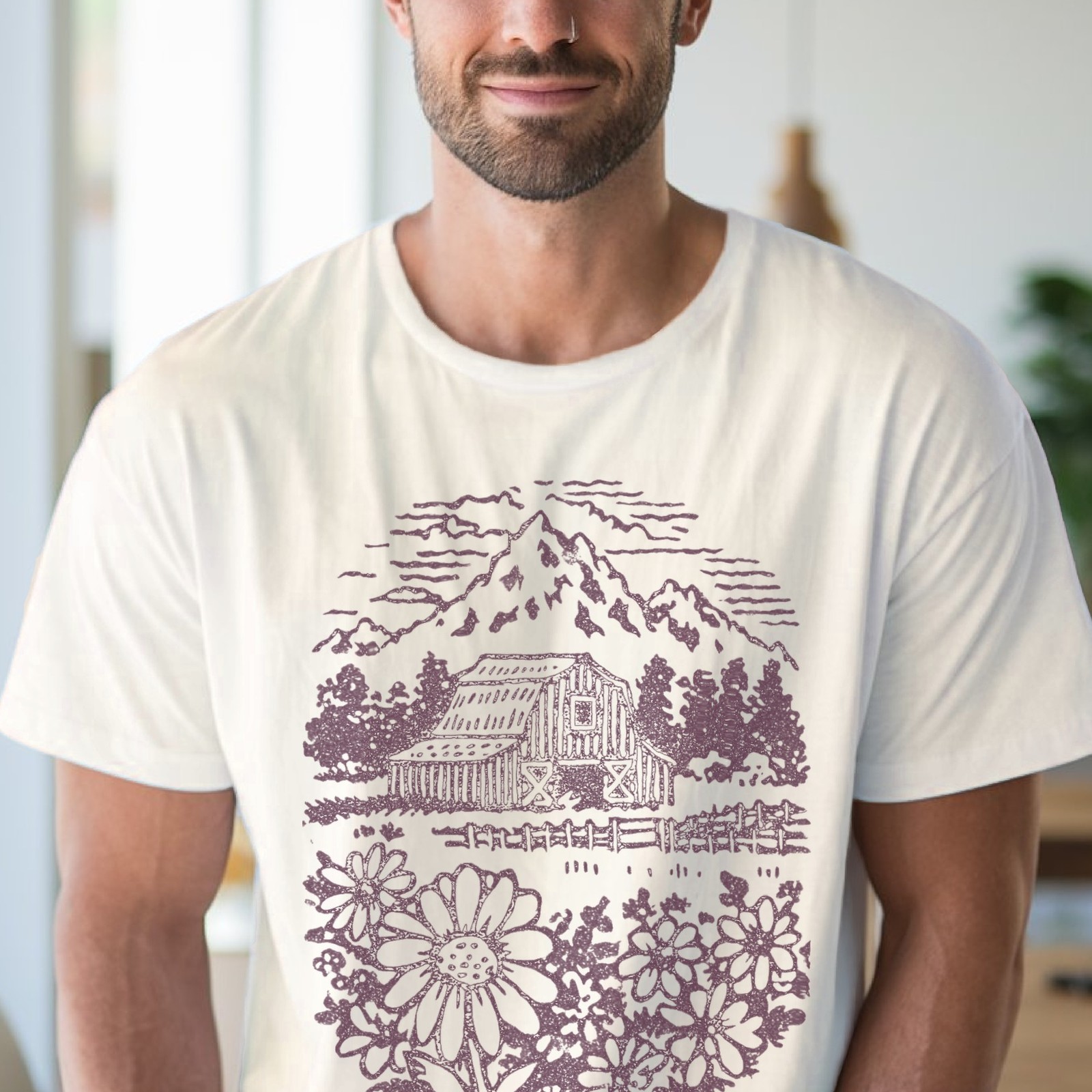 Rustic Barn Mountain Landscape Graphic Tee Woodcut Style Nature Art gallery