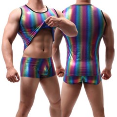 Men’s Rainbow Metallic PVC Leather Wetlook Boxer Briefs Clubwear Vest Underwear