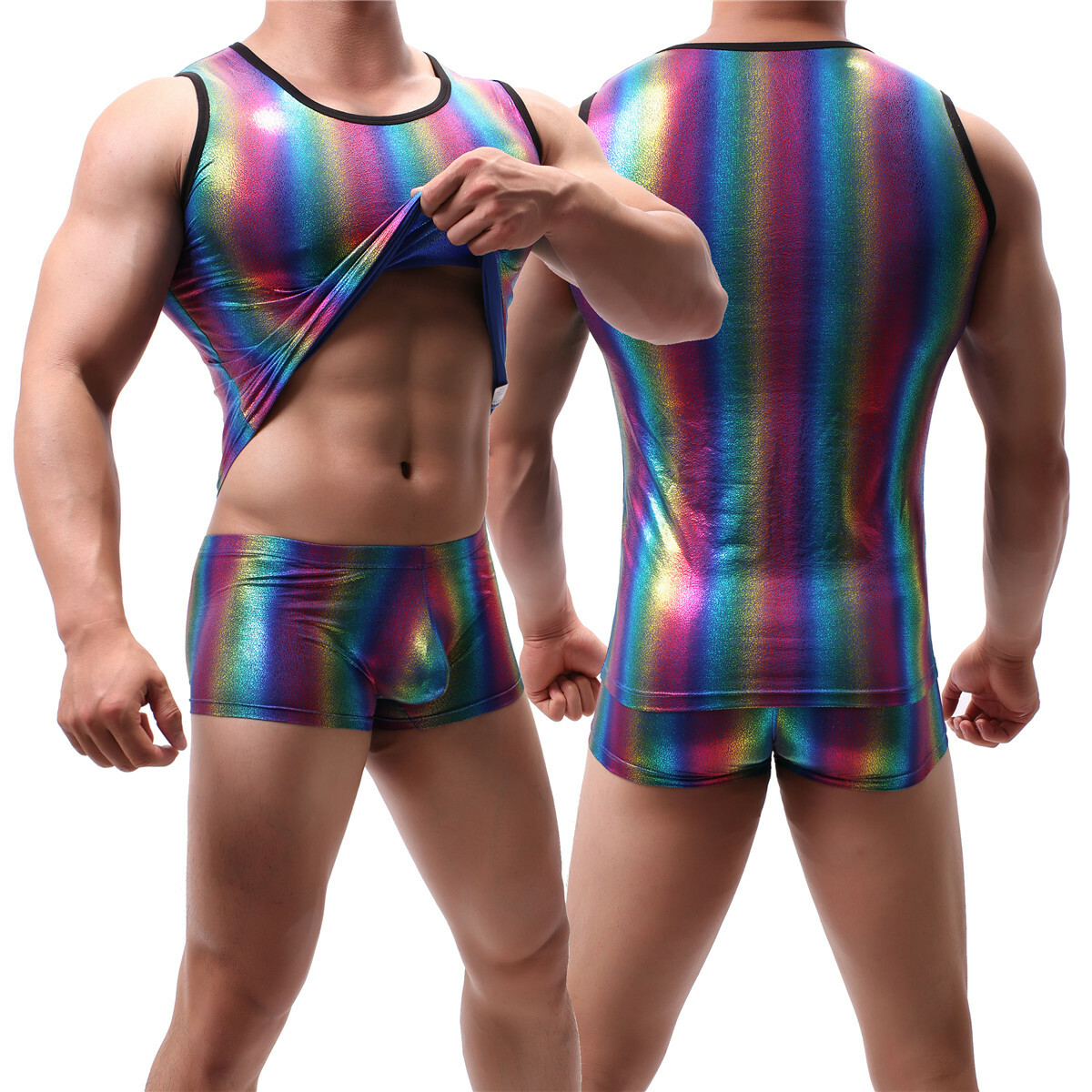 Men's Rainbow Metallic PVC Leather Wetlook Boxer Briefs Clubwear Vest Underwear gallery