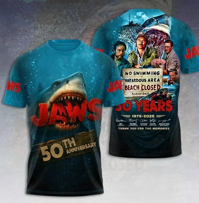 Jaws 50Th Anniversary 1975-2025 Signatures All size  3D T-Shirt Unisex