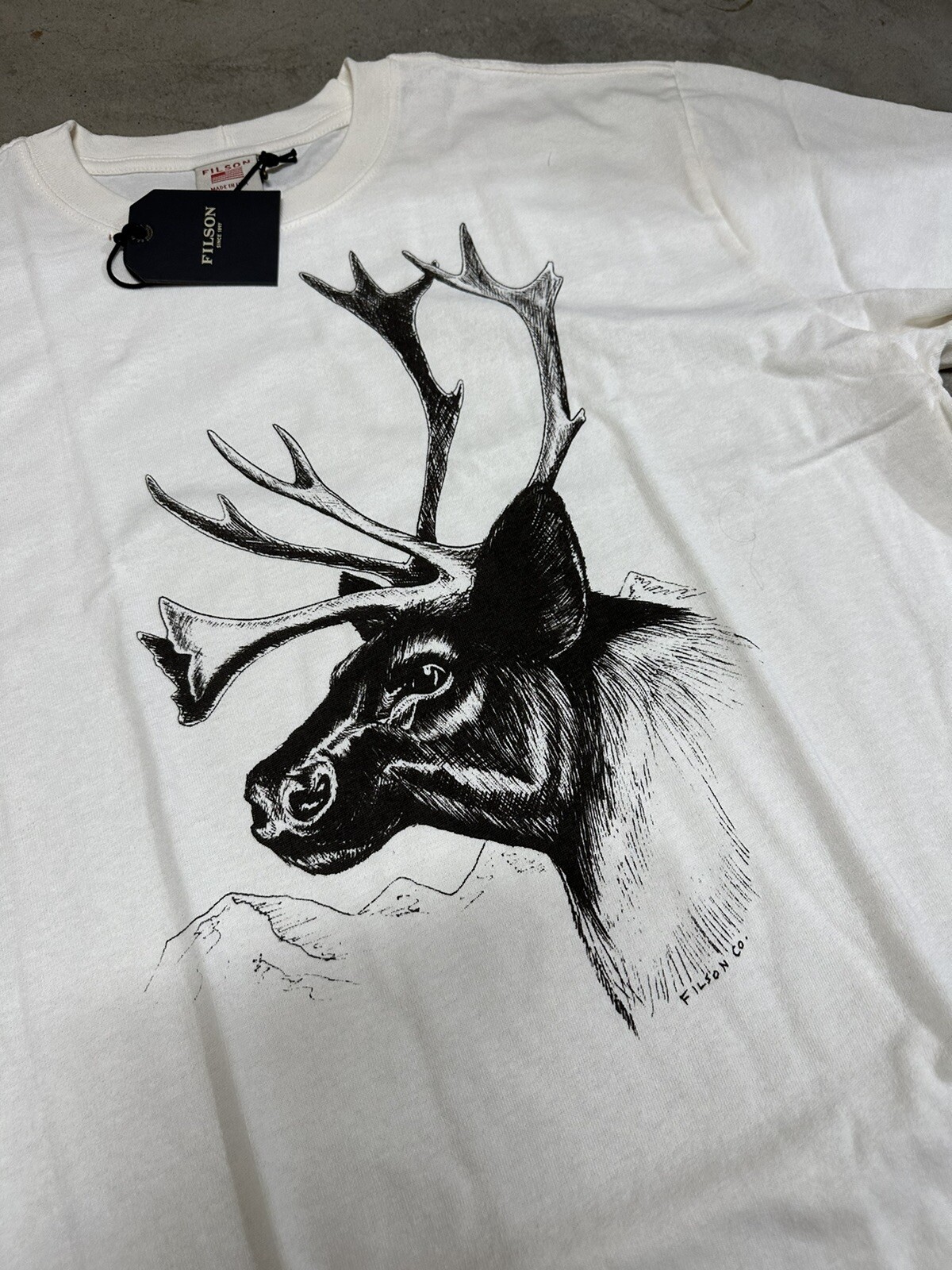 NWT Filson Caribou Short Sleeve T Shirt Pioneer Graphic White Black Made in USA gallery