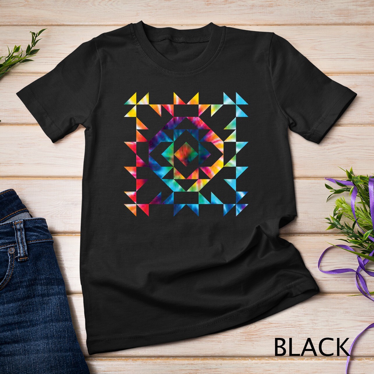 Tie Dye Geometric Shapes Pattern Quilt Block Art - Scandi Folk Unisex T-shirt gallery