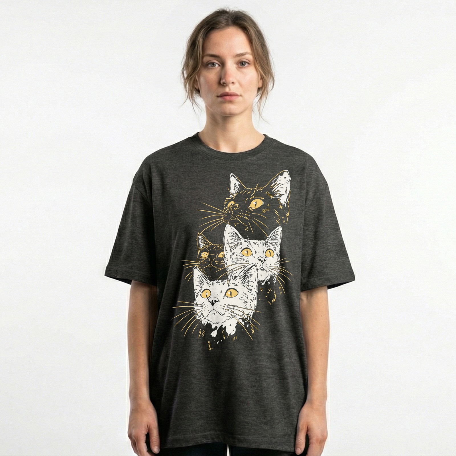 Sketch Style Cats Yellow Eyes Artistic Handdrawn T-Shirt Minimalist Feline Tee