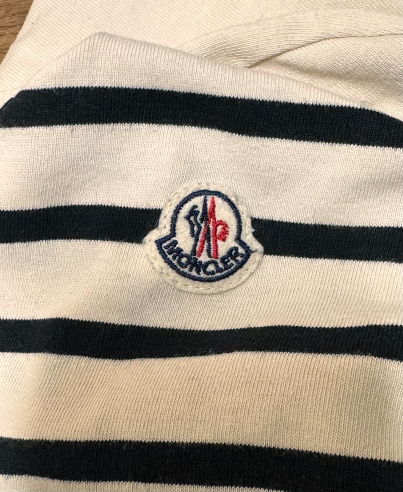 Moncler Top Long Sleeve Cotton T-shirt Mens Off-White with Black Stripe Size XL gallery