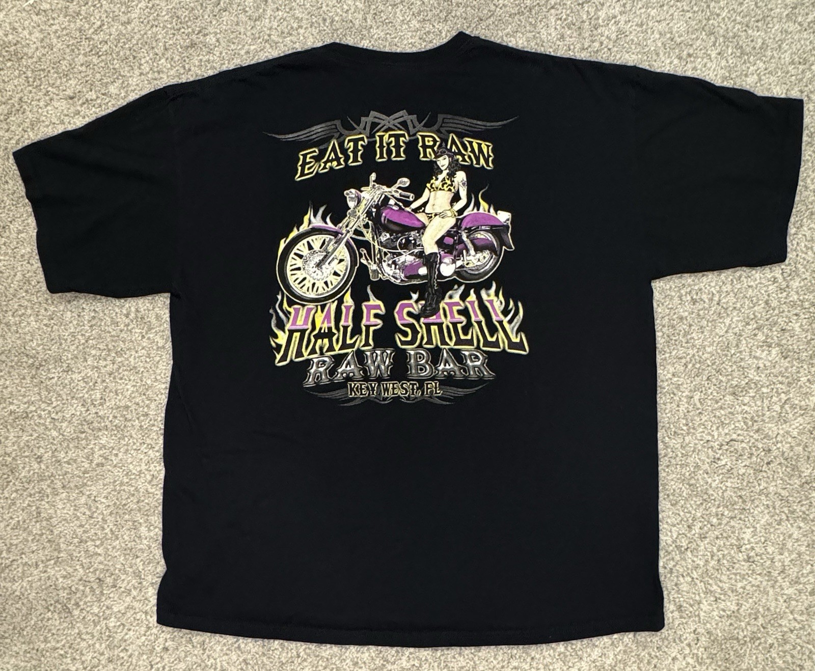 VTG Half Shell Raw Bar Key West, FL T-Shirt |Biker Babe Graphic “Eat It Raw” XL
