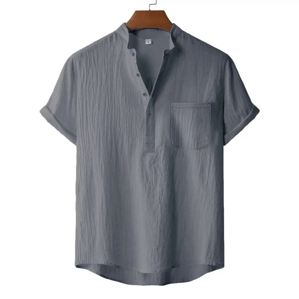 Men Cotton Linen Henley Shirt Casual Summer Beach Short Sleeve Top gallery