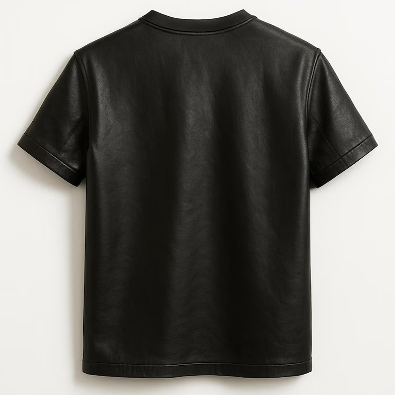 Men s Classic Style Black Leather T-Shirt In Genuine Lambskin Leather Shirt gallery