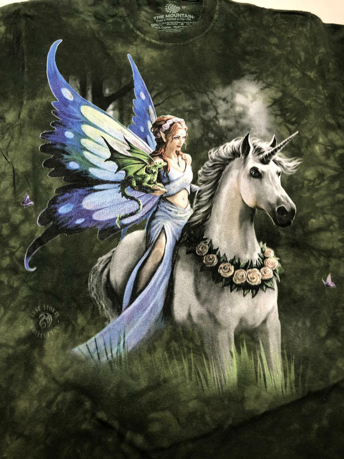 Fairy Unicorn Dragon Elf Realm of Enchantment Magic Green Mountain T-Shirt S-4X gallery